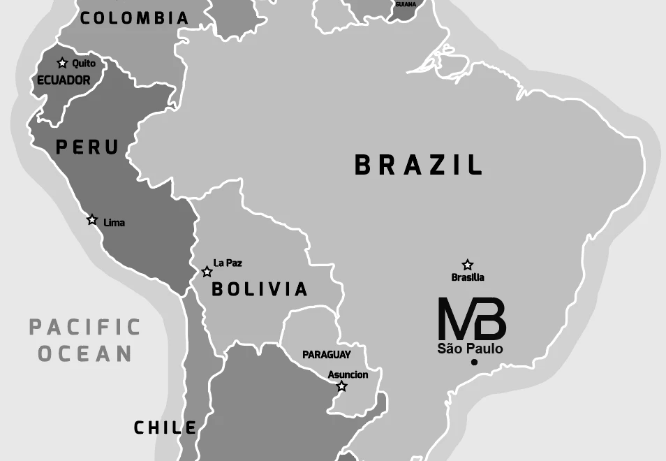 Black and white map of South America with the location of the MB office in Sao Paulo